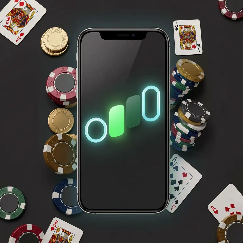 F 7777 casino app installation on a smartphone with a glowing progress bar, surrounded by coins, chips, and cards on a dark background