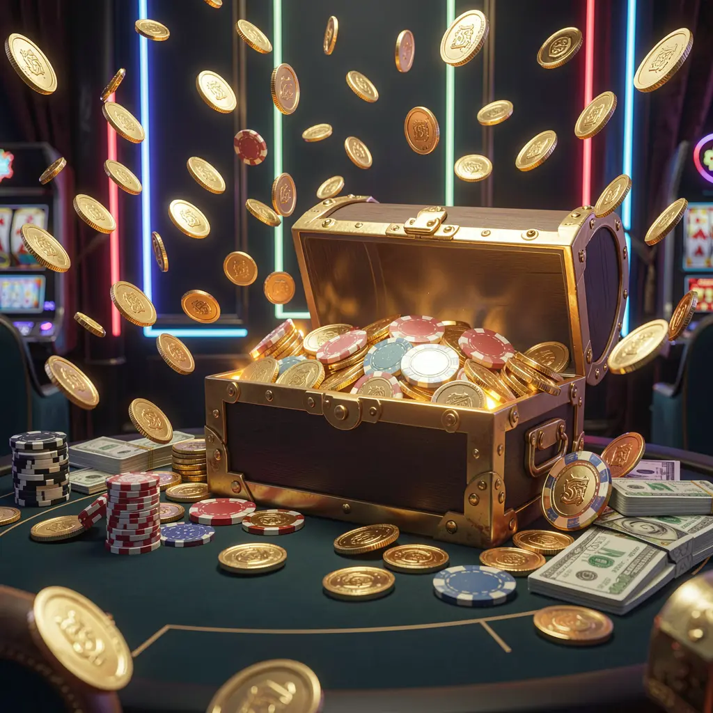 A premium online casino bonus hero banner for F 7777 featuring golden coins flying in the air and a glowing treasure chest full of chips and cash against a luxury dark background with neon accents, creating a festive and elegant casino atmosphere with high detail and cinematic lighting in a 3D realistic render