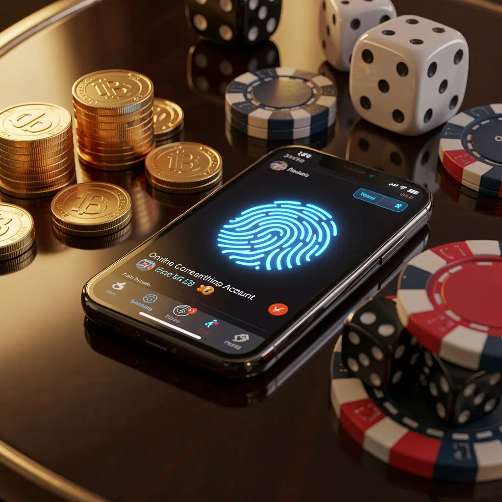 F 7777 online gaming account access scene showing a smartphone with a glowing fingerprint icon, golden coins, dice, and poker chips on a glossy table under cinematic lighting