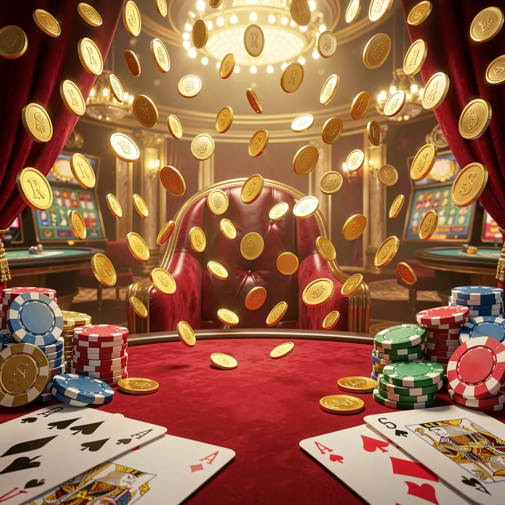 F 7777 online gaming platform homepage banner featuring bright casino lights, golden coins raining, poker chips and playing cards in the foreground with a luxury red and gold atmosphere in high detail 3D render